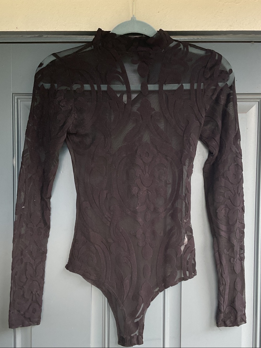 Royalty For Me Black Sheer Lace Mock-Neck Long Sleeve Bodysuit, Size S